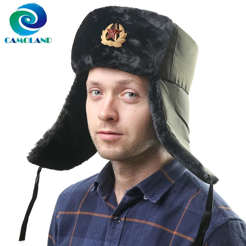 CAMOLAND Russian Ushanka Bomber Hats For Women Men Soviet Army Military Badge Winter Hat Thermal Faux Fur Earflap Snow Caps 251013