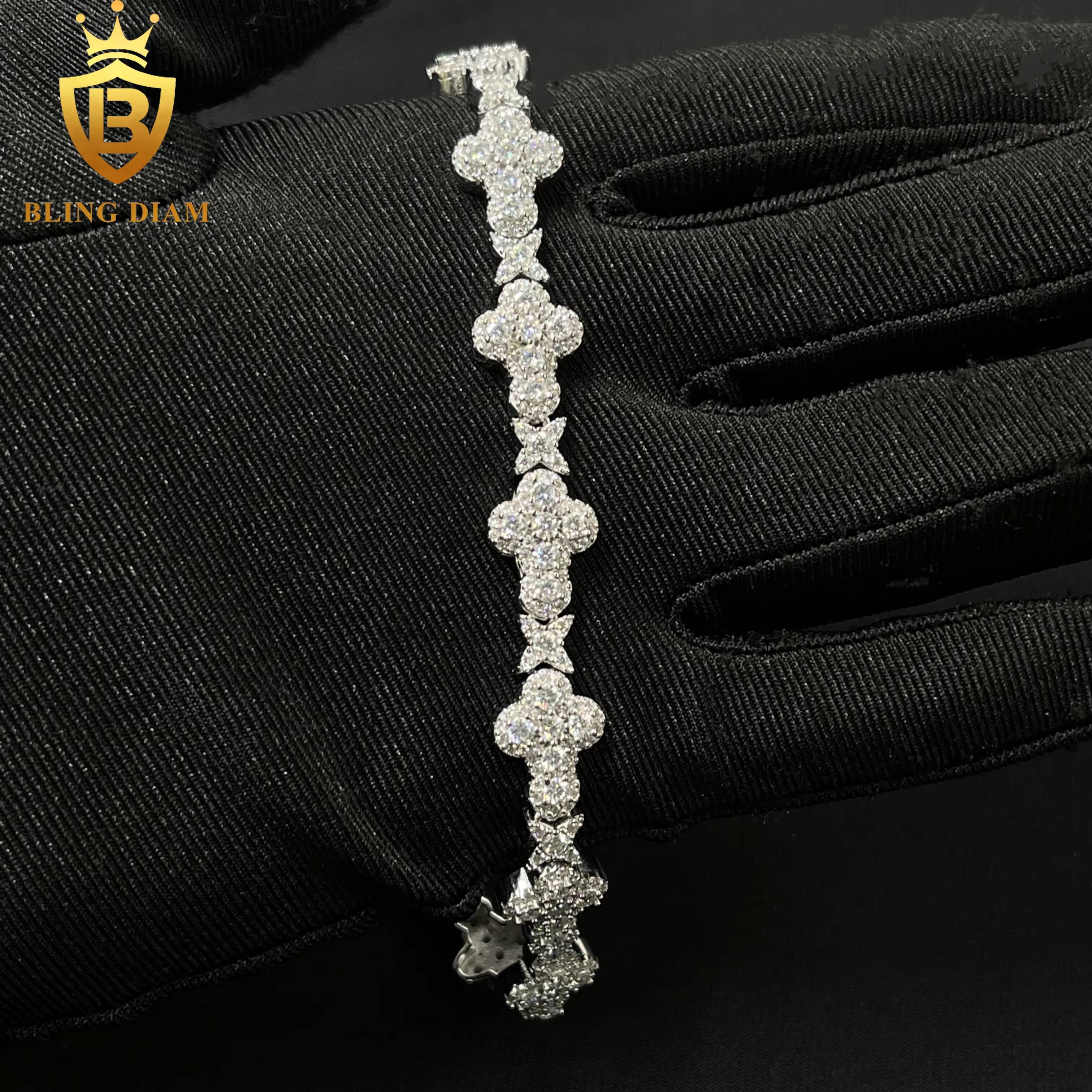 Hip Hop Jewelry 925 Silver Diamonds Moissanite Cuban Link Chain 10mm Flower Cross for Women Men Bracelets
