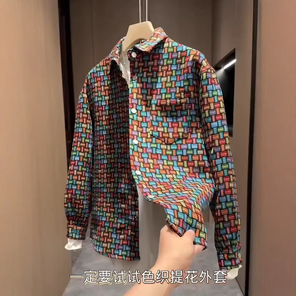 Spring And Autumn New Ethnic Style Casual Turn-down Collar Jacket Men's Designer Jacket Trendy Brand Color-woven Jacquard Plaid Shirt Cool Trendy