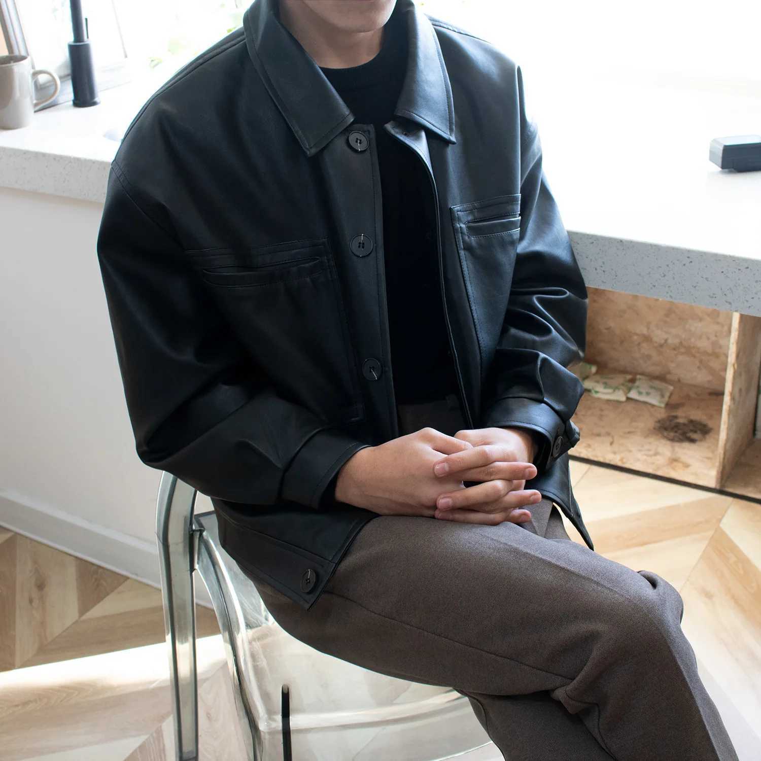 Spring Autumn Korean Style New Fashion Mens Turndown Collar Long Sleeve Breasted Solid Color Faux Leather Coats Male JacketsT251029