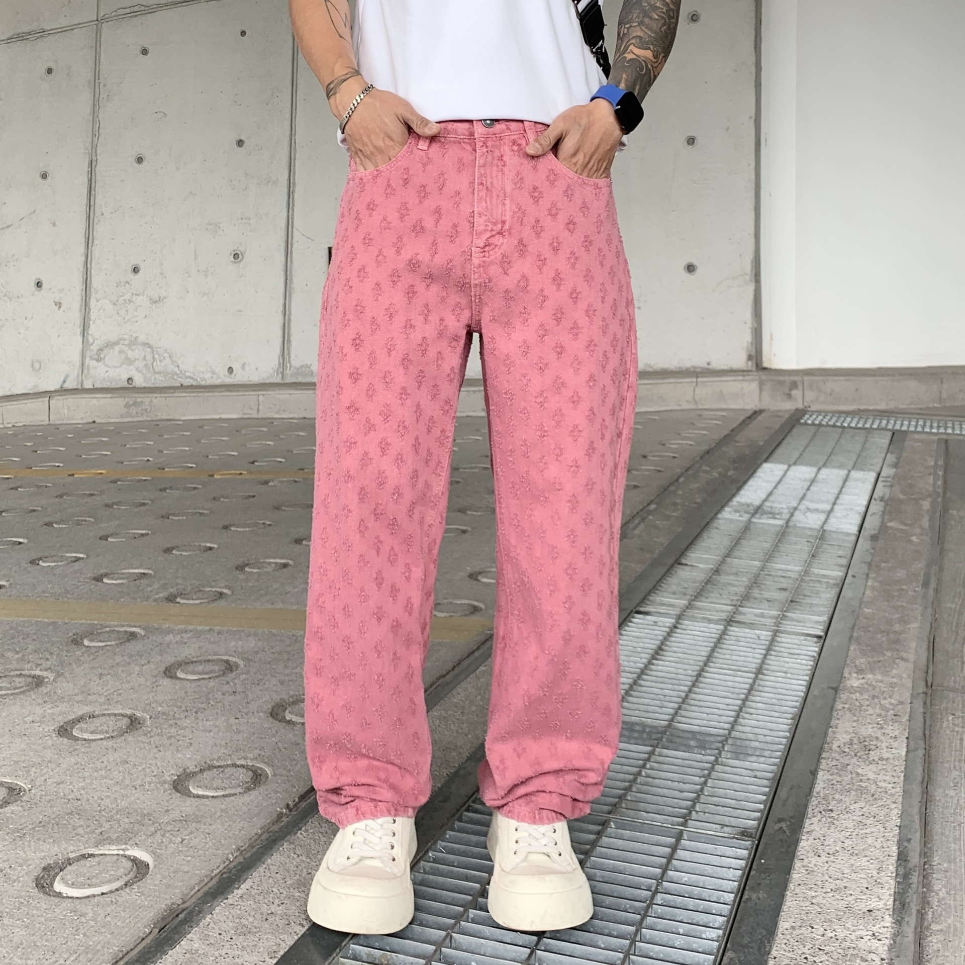 Designer Men's Jacquard Jeans Washed Denim Workwear Pants Vintage Cotton High Street Fashion Loose Fit Women Straight Leg Hip Hop baggy jeans for