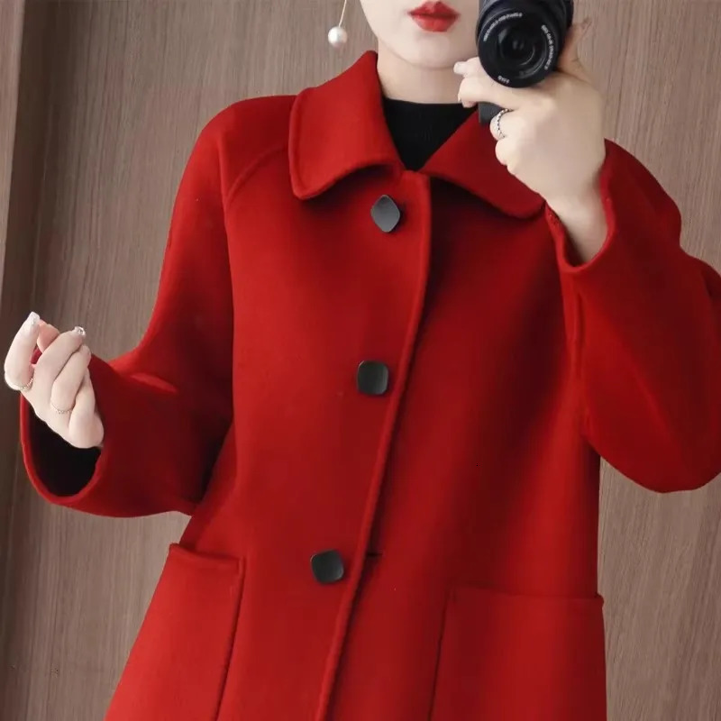 100 Wool Doublesided cashmere Coat Womens Autumn Winter Temperament Korean version Doll collar Women Coats Single Breasted 251029