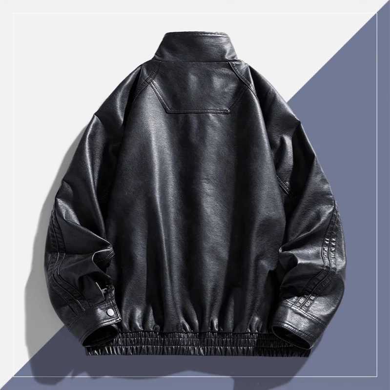 Autumn Man Leather Jacket Streetwear Motorcycle Punk Male Outerwear Stand Collar Long Sleeve Zipper Oversize Men Bomber CoatT251029