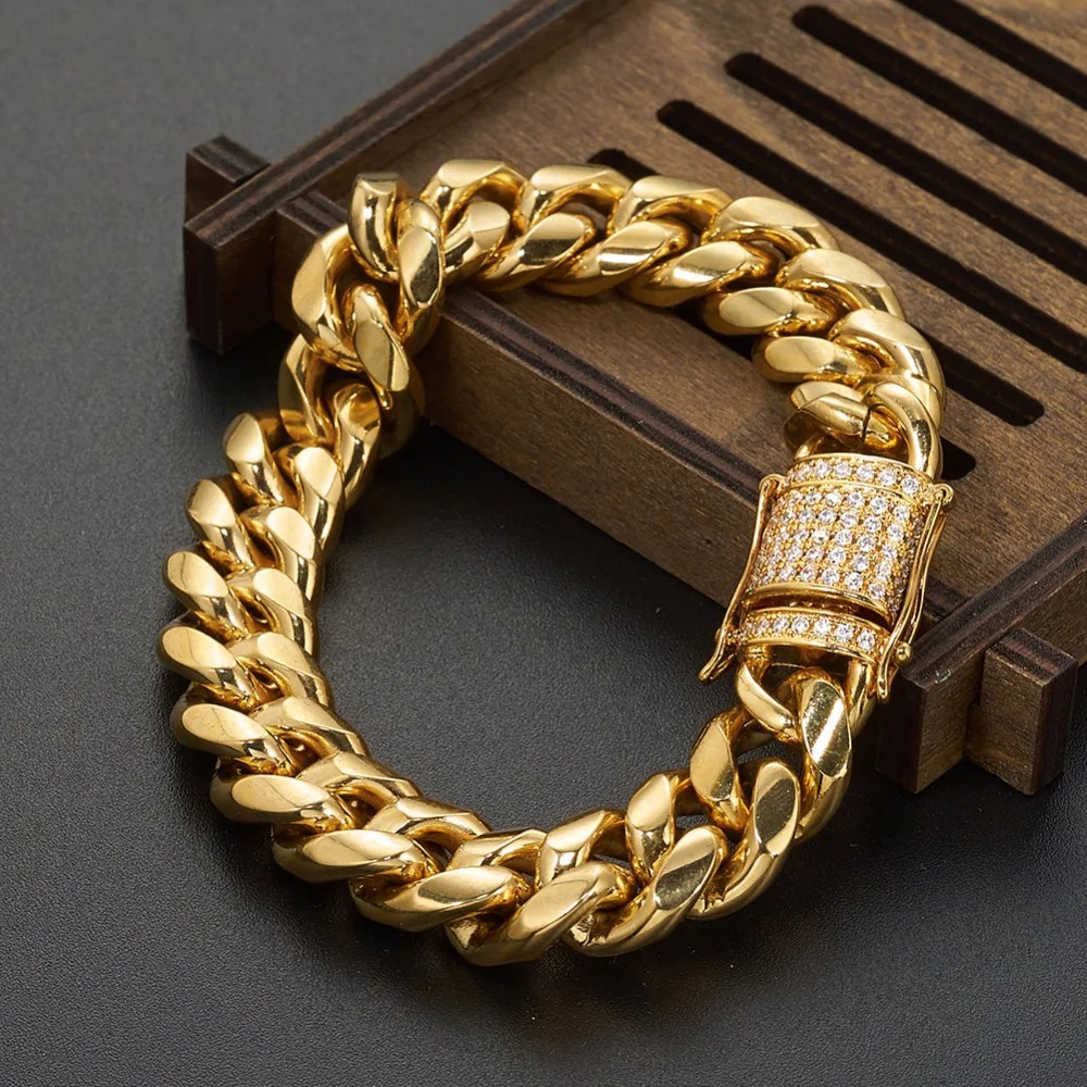 Arrival 81012141618mm Stainless Steel Miami Curb Cuban Chain Crystal Bracelet Casting Lock Clasp Mens Link jewelry 251028