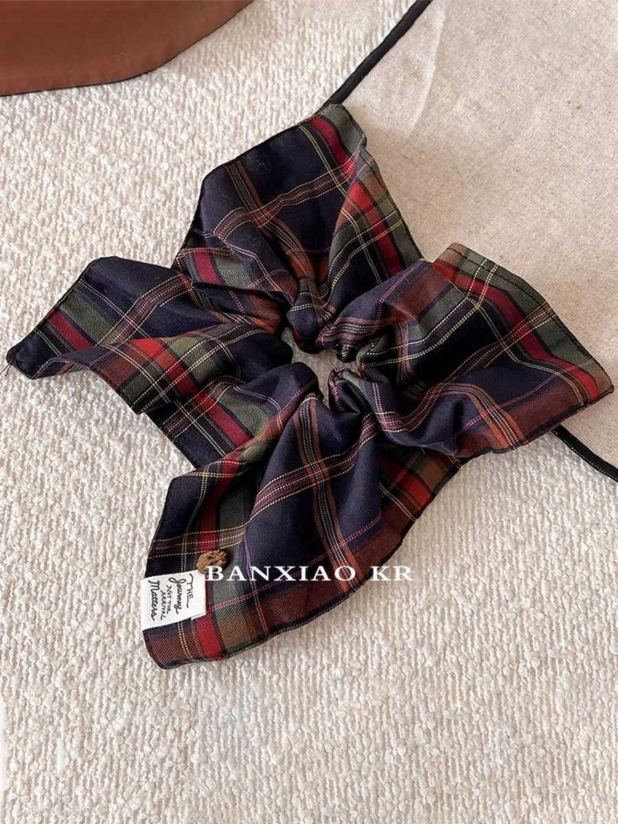 1PC British style vintage checkered square hair tieversatile fashion button hair tie elastic rubber band low ponytail headwearW251028