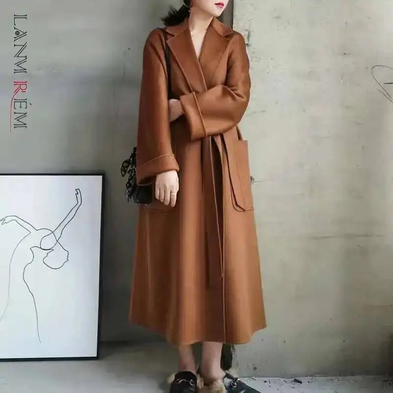 LANMREM 2025 High End Water Ripple Doublesided Wool Coat Women Long Bathrobe Style Autumn Winter Coat For Female 2A462 251029