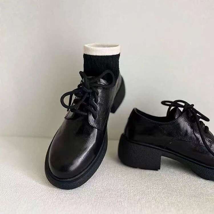 Round Toe British Style Lace-up Genuine Leather Thick Designer Shoe Black Commuter Loafers Chunky Heel Single Shoes for Women