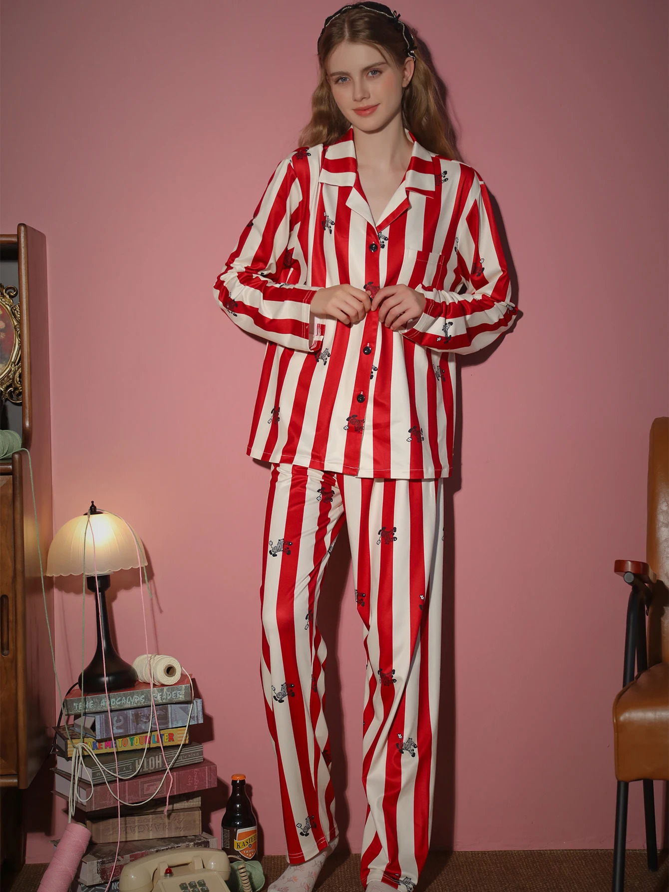 2piece womens sleepwear long sleeved pants home wear spring and autumn winter striped pattern cardigan set 251029