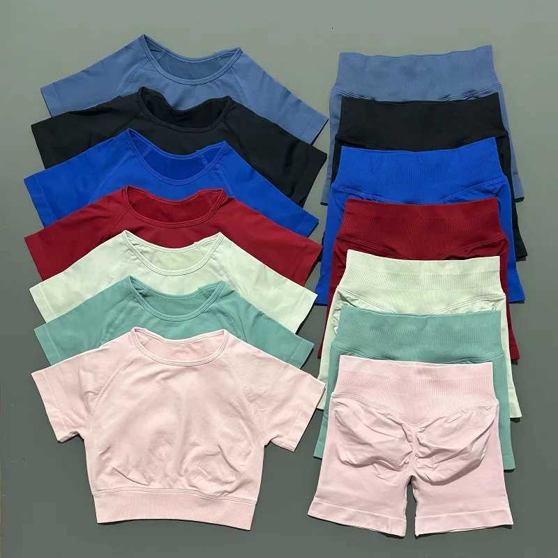 2 Piece Women Yoga Suit High Elastic Seamless Sportswear Slim ShortSleeved Top High Waist Leggings Running Workout Sports SetXJ251029