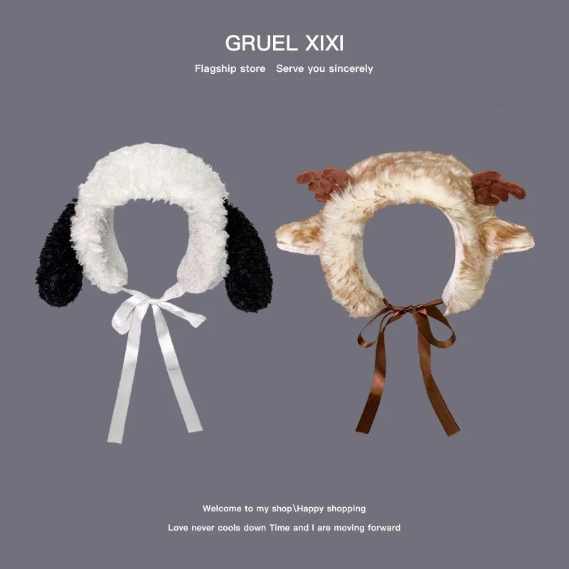 Japanese Cute Puppy Ears Plush Earmuffs for Women Autumn and Winter Warm Versatile Antlers Straps Ear Protection Beanies Cap 251029