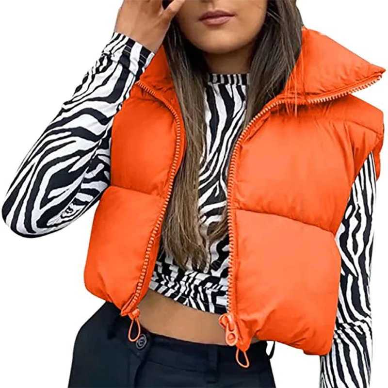 Women Winter Warm Crop Waistcoat Sleeveless Stand Collar Double Sided Lightweight Puffer Vest Streetwear 251029