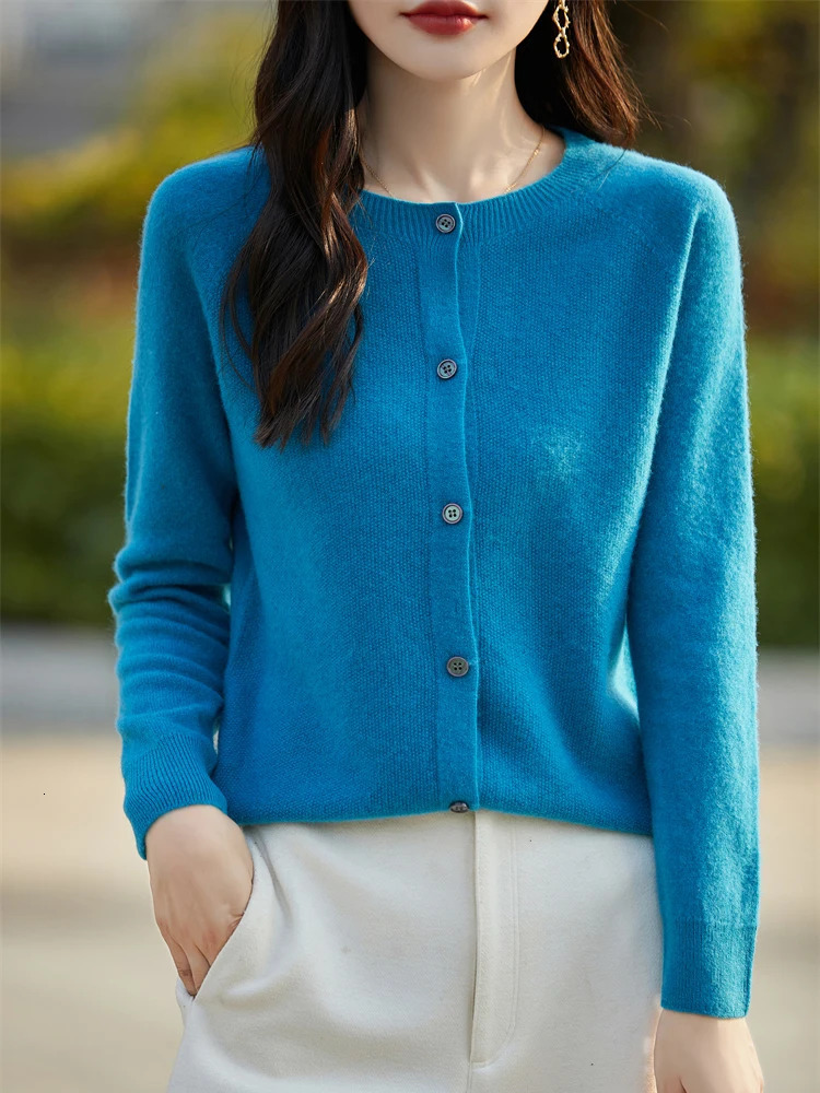 Fashion Basic Women Merino Wool Sweater Cashmere Cardigan ONeck Knitwear Slim Solid Collar Clothing Tops 251029