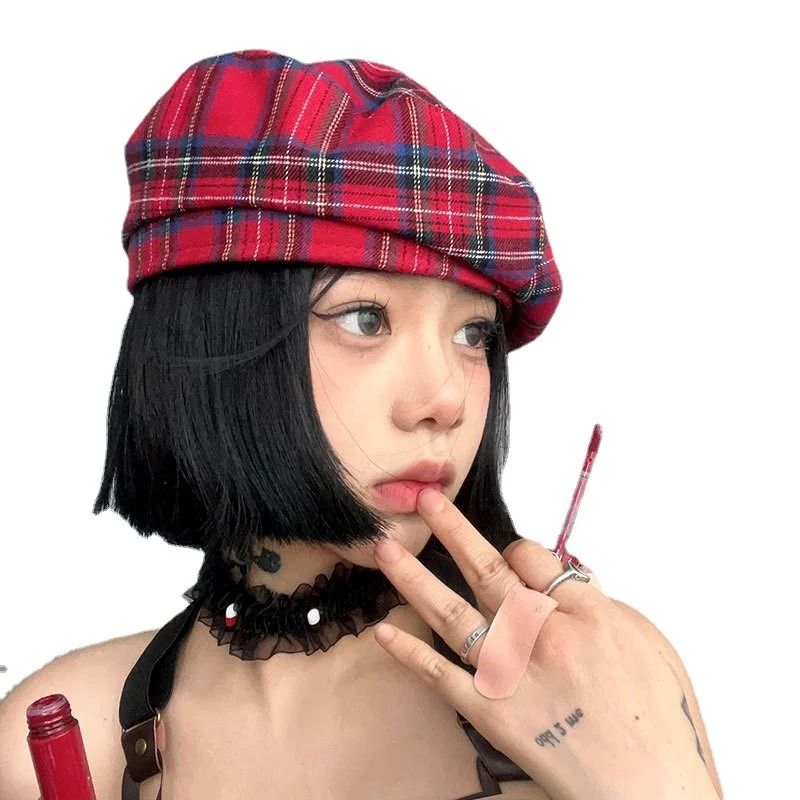Red Plaid Beret for Women Men British Girl Sweet Cool Bonnet Korean Style Flat Top Berets Hat Female Retro Painter Cap 251029