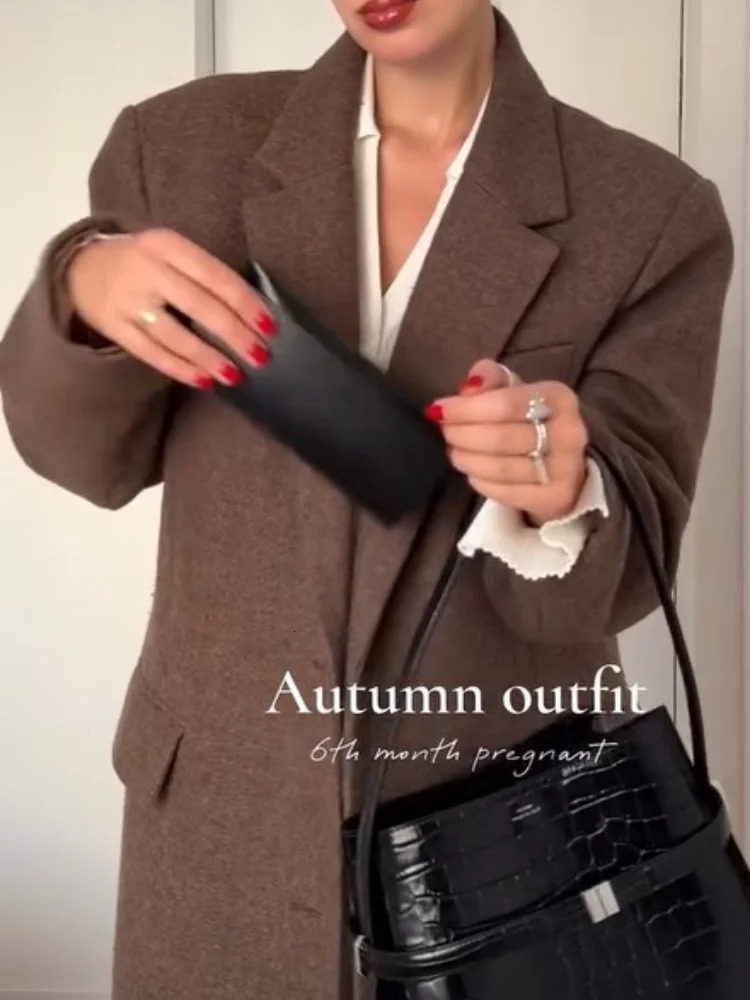 Women Shoulder Pad Wool Long Coats Fashion Lapel Singlebreasted Sleeve Coat Chic Autumn Lady Commute Street Outerwear 251028