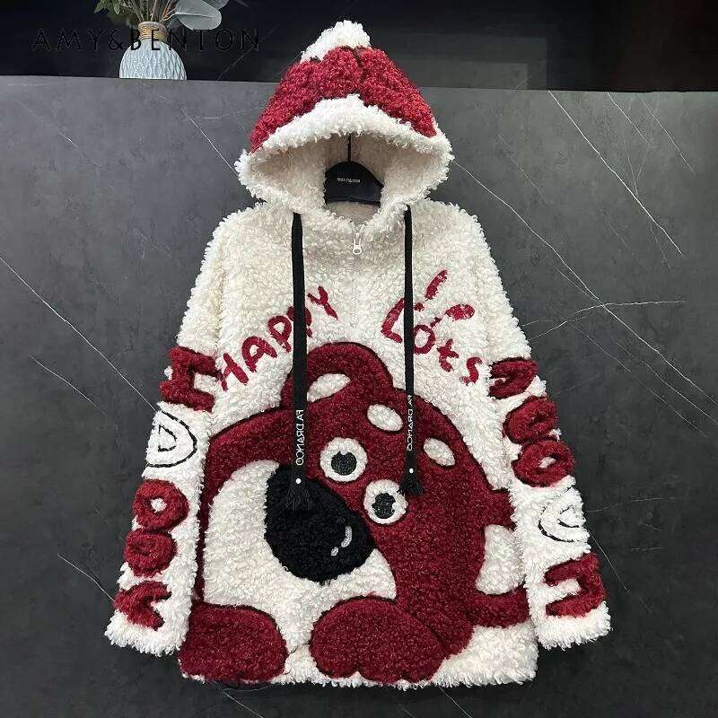 Autumn Winter Heavy Industry Cartoon Lamb Wool Hooded Sweatshirt Jacket For Women's Loose Sweet Y2k Style Top Zipper Coat