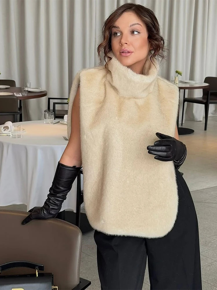 Women Casual Faux Fur Vest Chic Solid High Collar Sleeveless Loose Waist Coat Lady Fashion Daily 2025 High Street Vests 251029