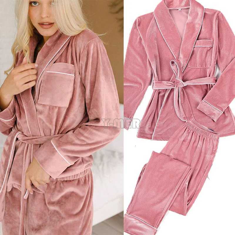 Velvet Women Kimono BathrobePajamas Set pants Winter Autumn Sleepwear Warm Velour Nightwear Long Sleeve Home Clothes LoungewearT251029