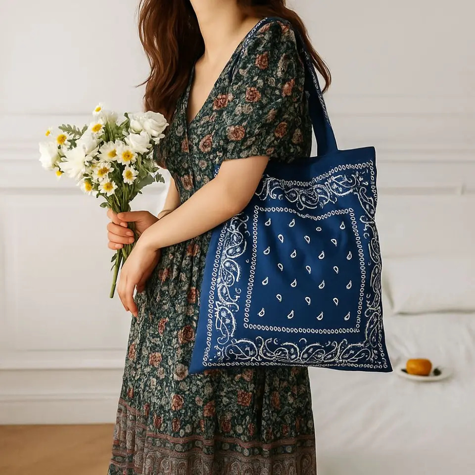 Printed Cashew Flower Canvas Bag Large Capacity Retro Canvas Tote Bag Shopping Bag Lightweight Ethnic Style Shoulder Bag Summer 251029