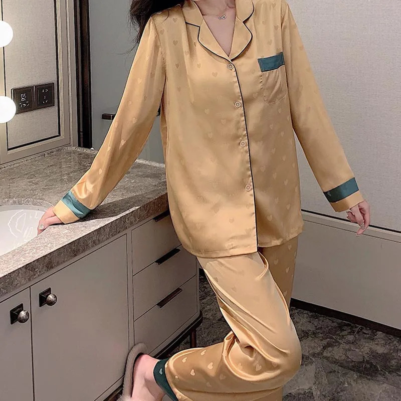 Top Autumn Ice Silk Women Pajama Lapel Button Cardigan Outfits for 2 Piece Set Fashion Printing Clothes 251029