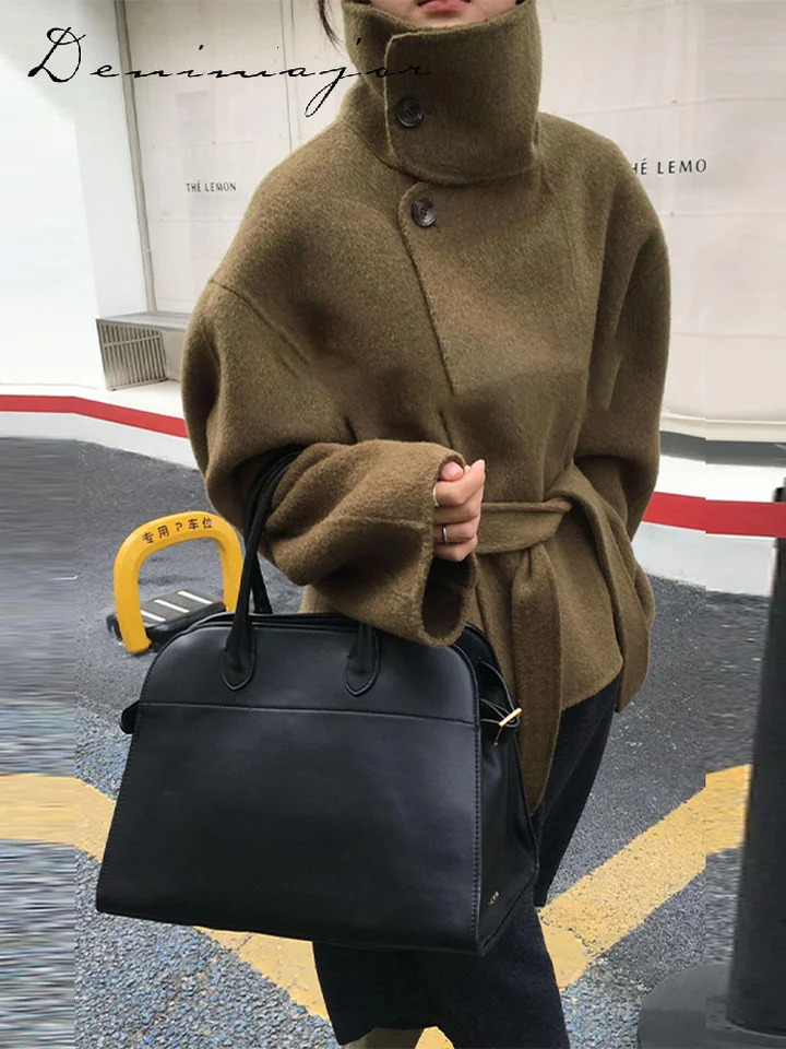 Elegant Womens Belt Stand Collar Woolen Coat Chic Single Breasted Full Sleeve Jacket 2025 Autumn Winter Lady Commute Streetwear 251029