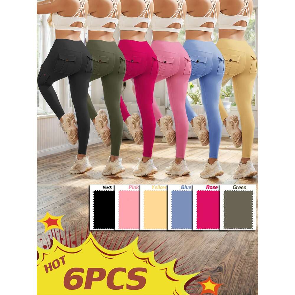 High Waist Yoga with Button Pockets, Multipack Butt Lifting Tummy Control Workout Running 4 Way Stretch Cargo Sports Pants, 6pcs Leggings Set