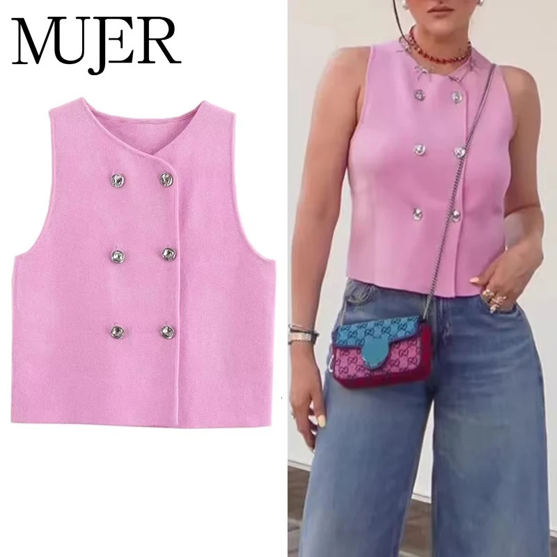 MUJER Knit Sleeveless Vest Woman Fashion Pink Knitted Cropped Vest Women Double Breasted Summer Vest Top Women In Short Coat 251029