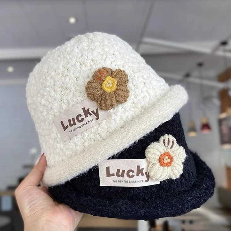 Winter Warm Baby Knitted Bucket Hat Sweet Crochet Flower Girls Curled Fisherman Hats 28Year Children Thicken Woolen Basin Cap251028