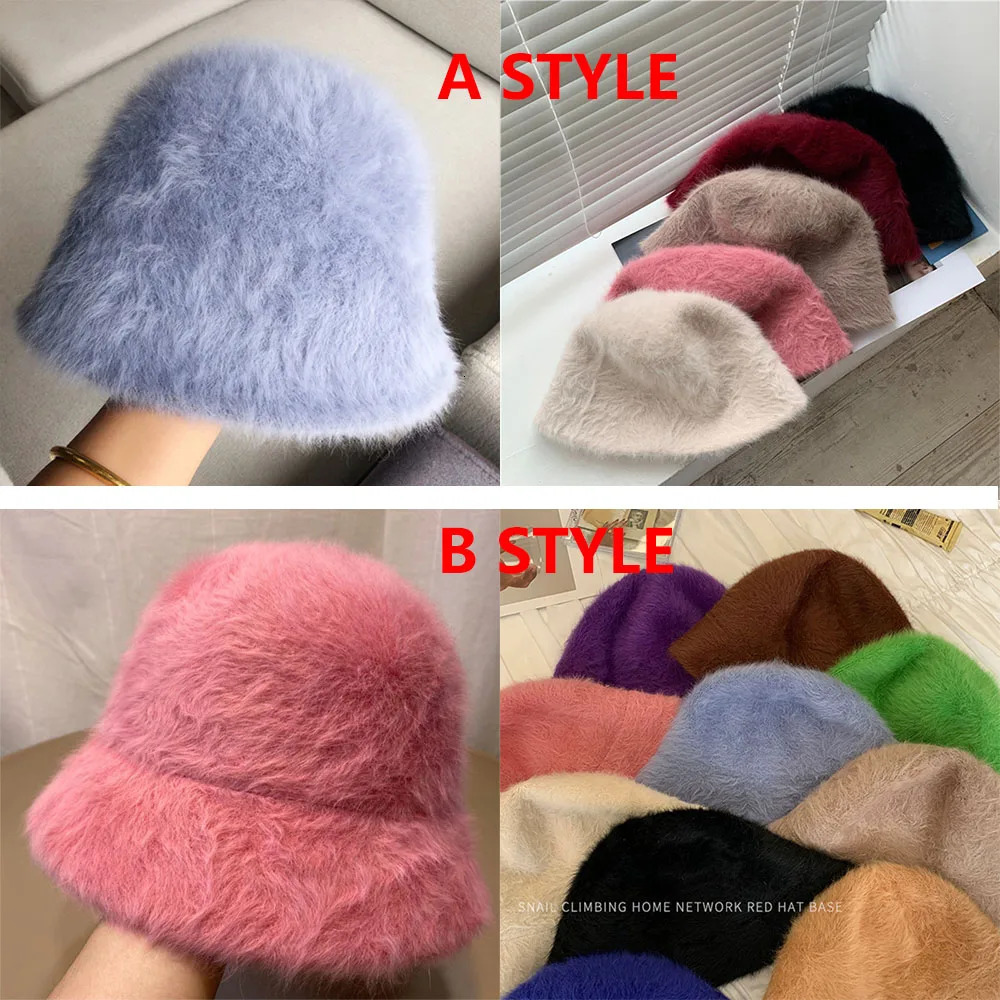 Hat winter womens fashion Solid color rabbit fur hat bucket cap fishermans hat knitted wool basin Bucket Hat 251029