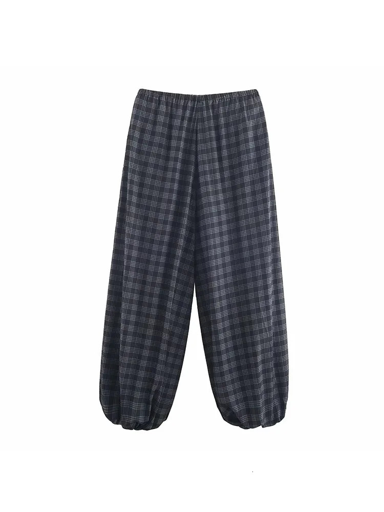 Womens Autumn Fashion Versatile Ramie Bloomers Plaid Printed Loose Pants Female HighWaist Drawstring Casual Trousers 251029