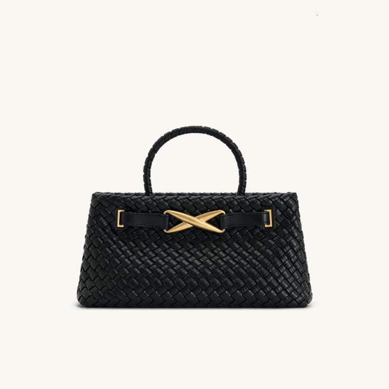 2025 New Woven Genuine Leather For Women Capacity Shoulder Bag With Kiss Lock Closure, Versatile Commuter Style In Black, White, Red, Olive Green