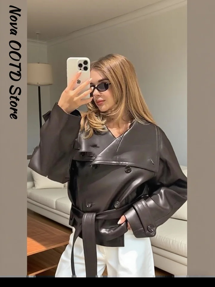 Street Belt Cropped Leather Jackets Women Stand Collar Double Breasted Pockets Long Sleeve Coats 2025 Autumn Lady Chic Outwear 251029
