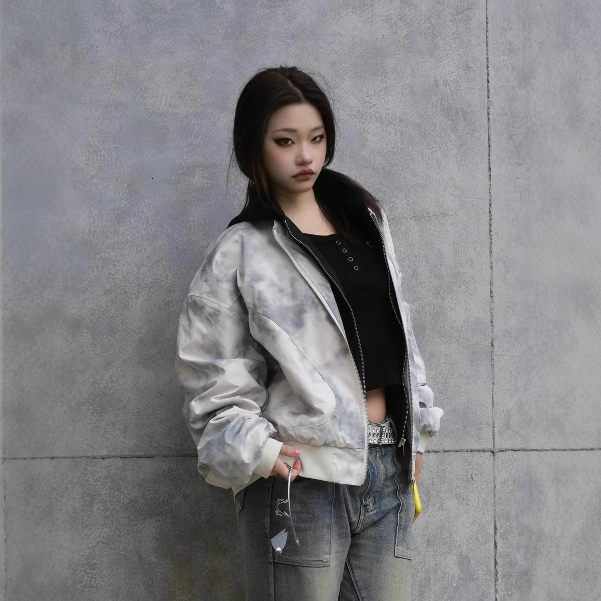 Spring And Autumn New American Style Designer Jacket Fake Two-piece Tie-dye Hooded Jacket For Men And Women Loose Casual Bomber Jacket Trendy