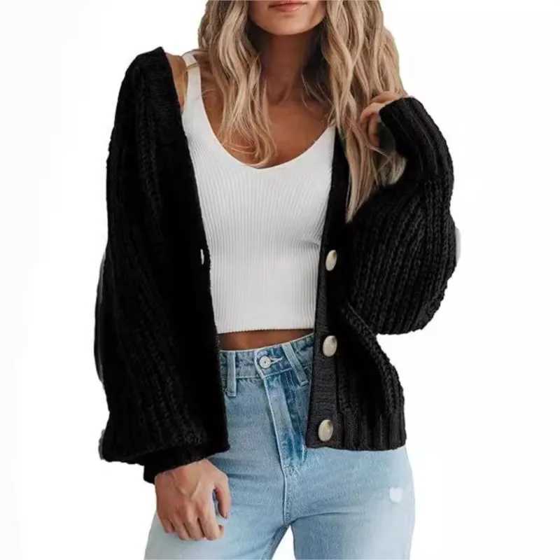 Button Up Cardigan Loose Knit Jacket Autumn Winter Womens Casual Solid Color Lantern Sleeve Long Sleeved Sweater Pulls FemmesT251028