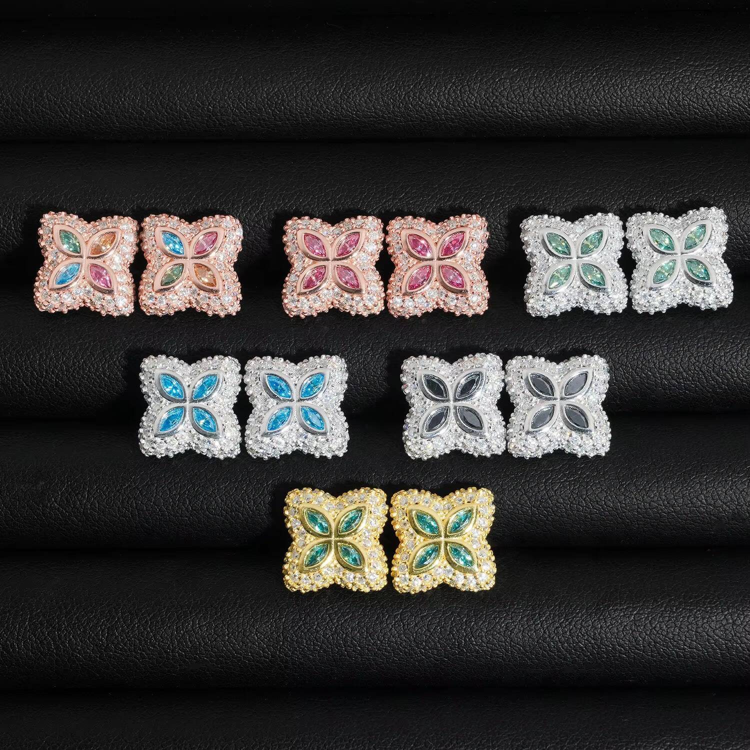 Ready to Ship 15mm Color Moissanite Flower Stud Earrings 925 Silver Hip Hop Earrings Iced Out Earrings Pass Diamond Test