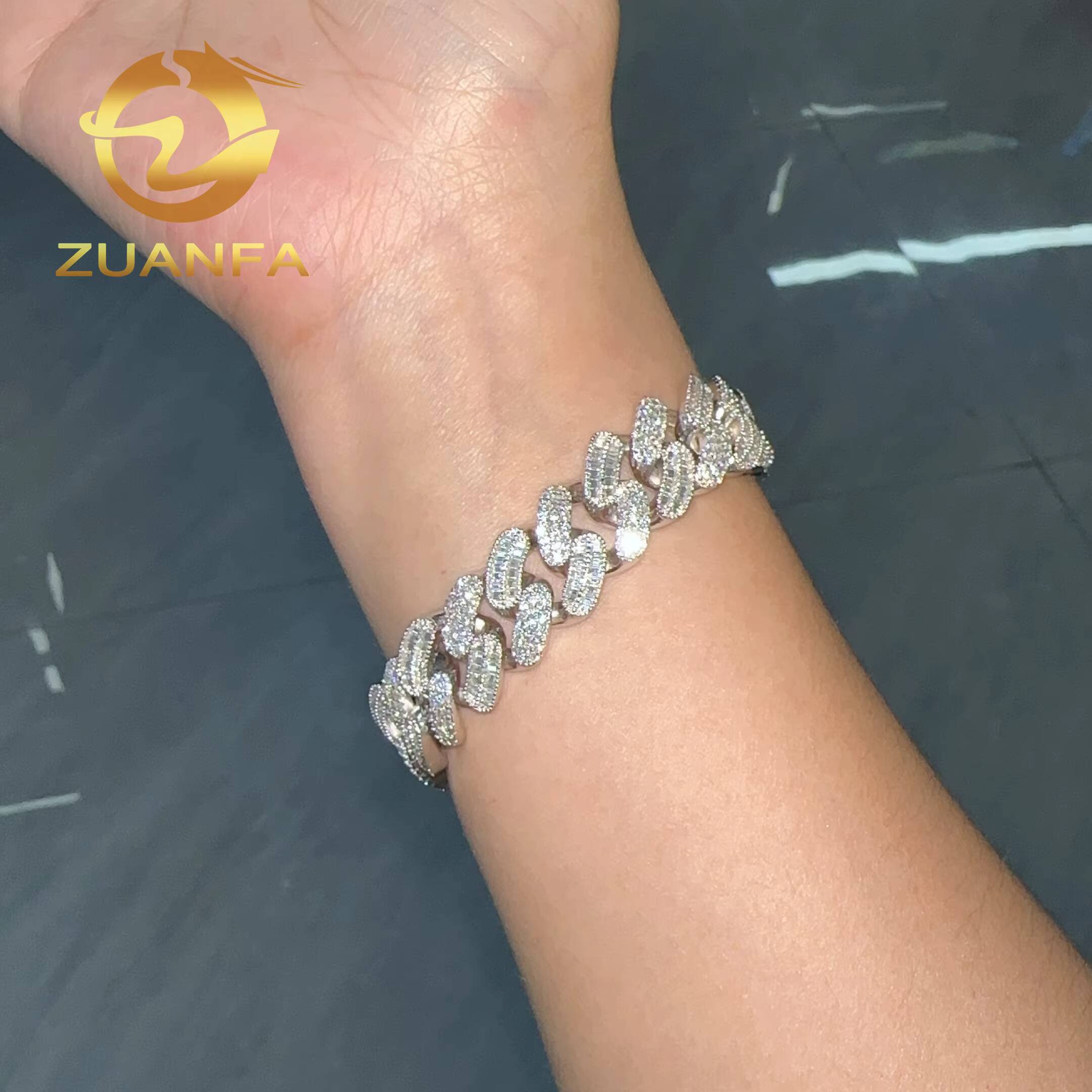 925 Silver 15mm Moissanite Cuban Link Bracelet Hip Hop Jewelry Round and Baguette Cut Iced Out Men Moissanite Bracelet