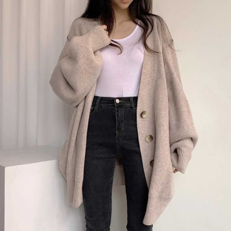 New Casual Vneck Singlebreasted Loose Knitted Cardigan Sweet Lantern Sleeve Sweater Coat Autumn Solid Color Womens KnitwearT251028
