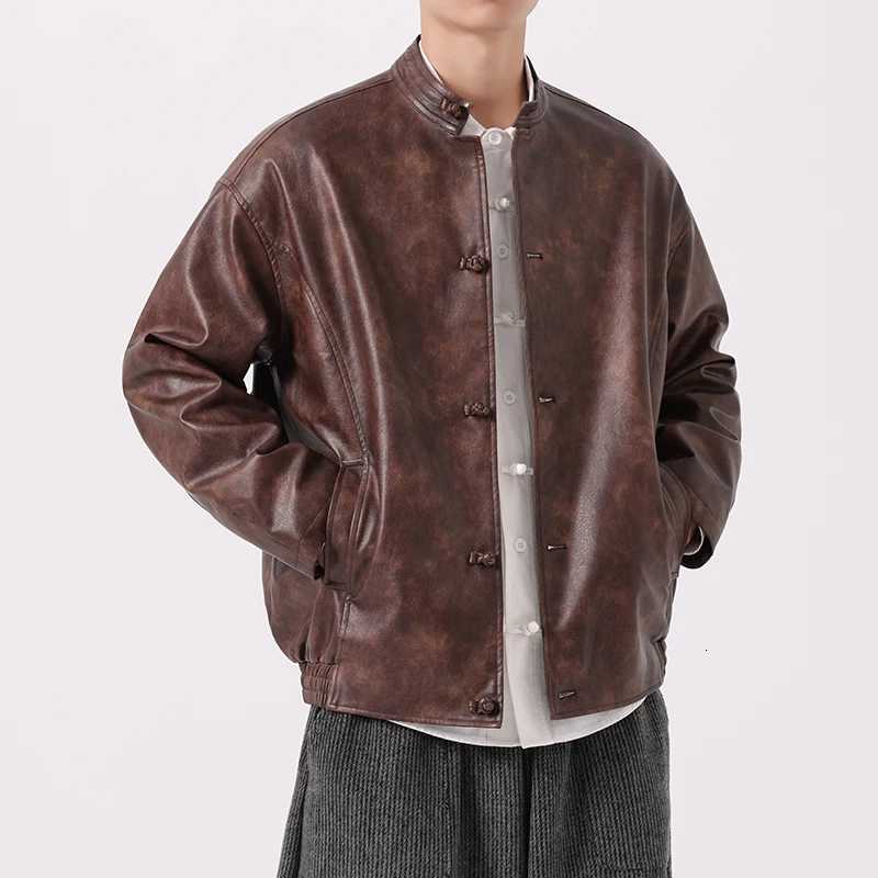 2025 Autumn Men Cool Oversized Vintage Distressed Pu Leather Jacket Men Elegant Luxury Designer Chinese Style Leather JacketT251029