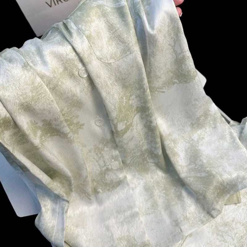 New Ice Silk Women Pajama Lapel Button Cardigan Outfits for Women 2 Piece Set Fashion Printing Set Clothes for WomenT251029