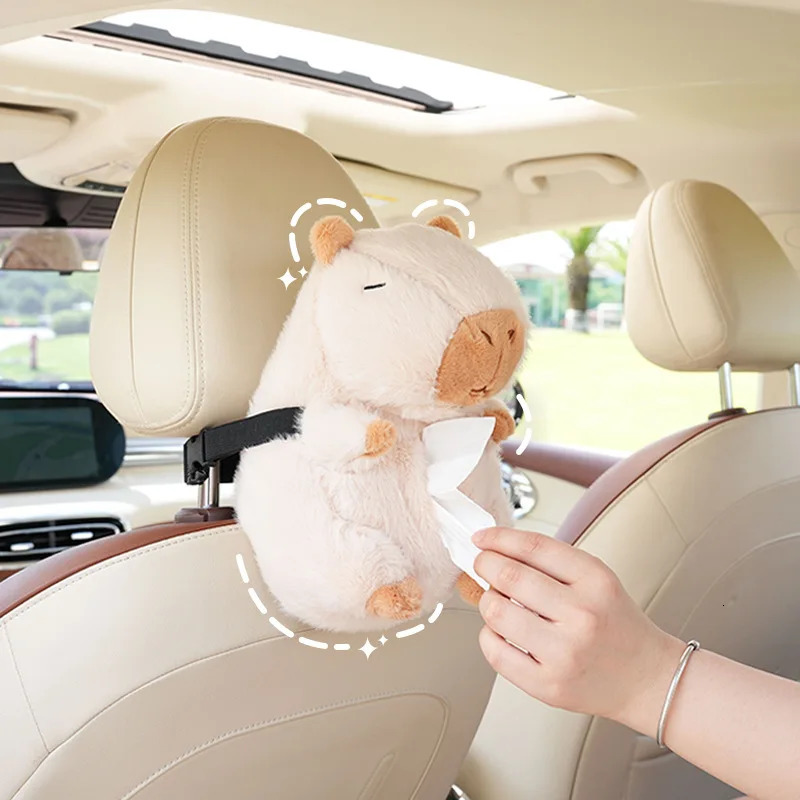 Car Tissue Boxes Capybara Plush Accessories Car Backseat Hanging Tissue Bag Box Plush Holder Cover Auto Toys Interior Decoration 251029