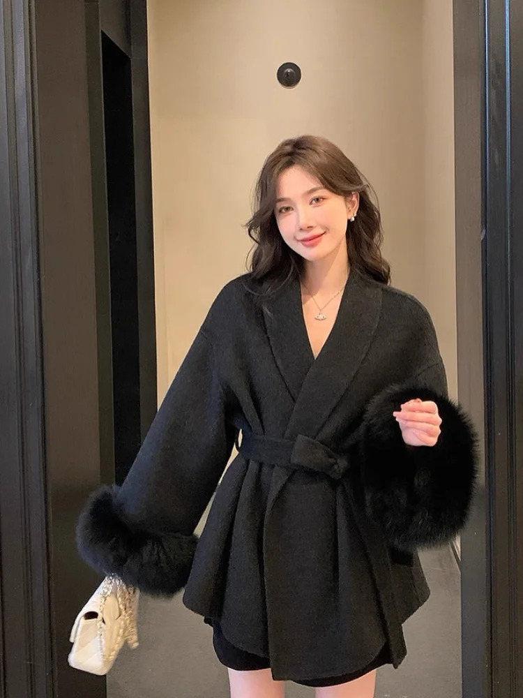 Elegant Solid Lace Up Fur Patchwork Woolen Coat Women Lapel Long Sleeve Loose Short Jacket Lady Winter Daily Street Outwear 251028