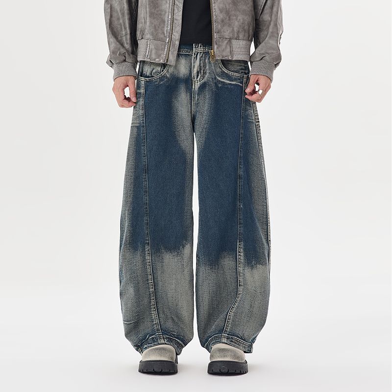 Japanese-style gradient high-end curved jeans, men's retro washed American straight-leg pants, autumn versatile wide-leg pants---9006