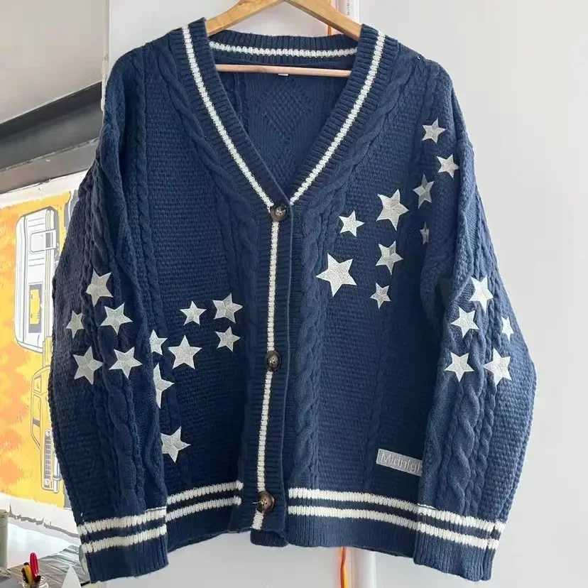 2025 Autumn Star Embroidery Midnights Blue Knitted Cardigans Women Spring Warm Loose Fit Sweaters for Women Y2k CardiganT251028