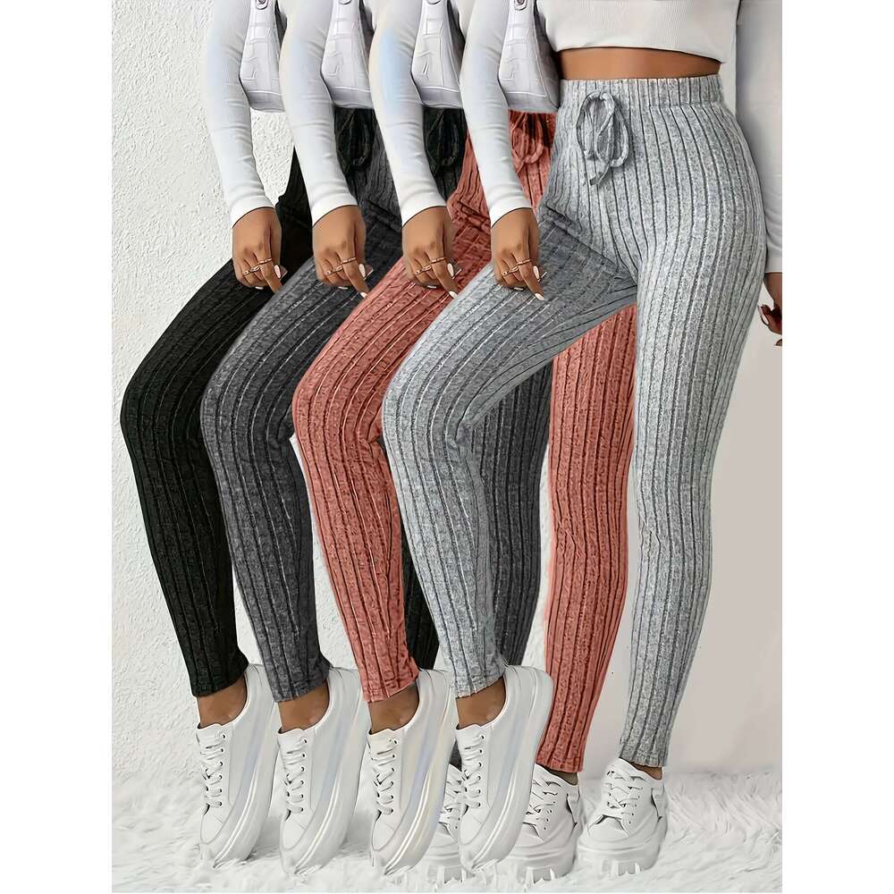 4Pcs Women's High-Waisted - Sexy Ribbed Design, Stretchy Comfortable, Solid Colors Black, Green, Purple, Beige Fall/Winter, Perfect For Running &