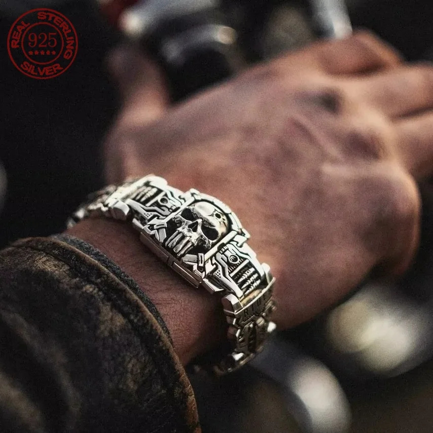 Vintage Charm Skull Bracelet S925 Silver Punk Hip Hop Rider Bracelet for Men Boy Gift High Quality US Street Motorcycle Jewelry 251028