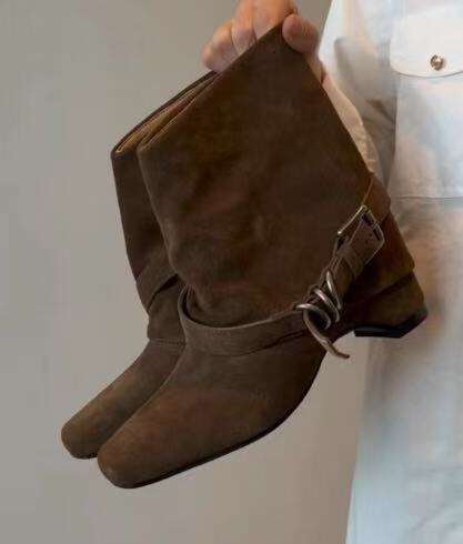 Height Increase Soft Cool Style Slimming Melad Western Boots Women with Belt Buckle Inner Suede Leather Boot for Autumn Designer Shoe and Winter