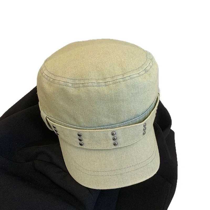Korean Retro Rivet Denim Flat Top Newsboy Cap Spring and Autumn Niche Fashion Washed and Made Old Y2k Trend Beret Hat for WomenW251029