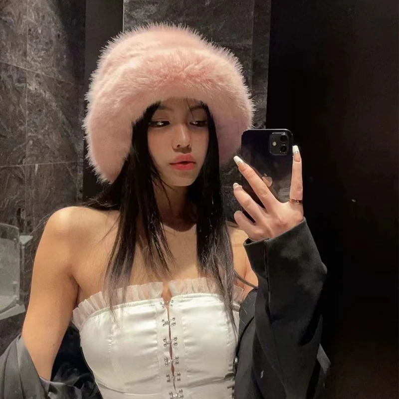 Fluffy Faux Fur Bucket Hat Rabbit Warm Thick Plush Winter Hat Lady Fashion y Panama Furry Fisherman Cap Y2k 251013