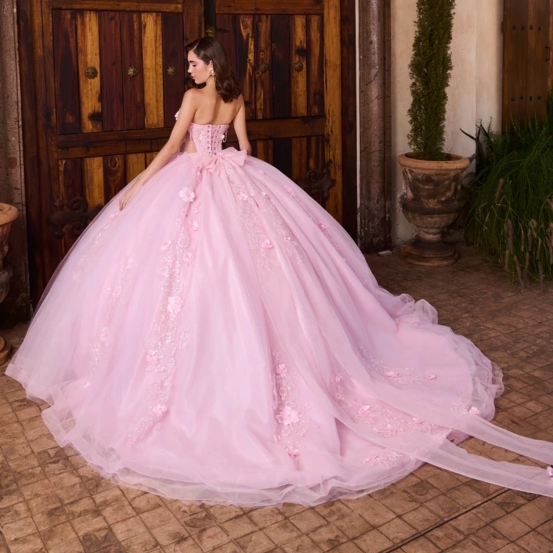 Pink Ball Gown Quinceanera Dresses Off The Shoulder Sequin Applique Flower Beads Bow Tull Party Birthday Sweet 16 Dress Vestidos