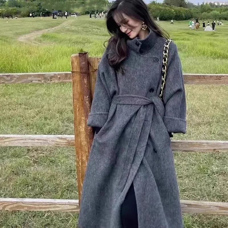 Notch Lapel Wool Coat DropShoulder Women 100 Loose Overcoat DoubleLayers Autumn Winter Long Jacket Thick Trench 251028