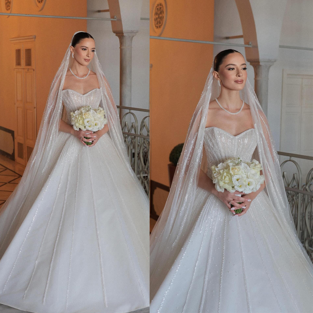 Modern Strapless Wedding Dresses Pearls Sequins Bridal Ball Gowns Sleeveless Princess Sweep Train Customized Vestidos De Novia Plus Size